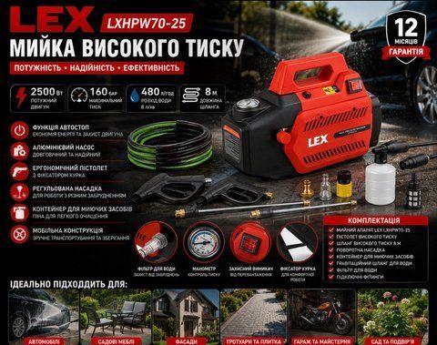 Мийка високого тиску LeX Ixhpw70-25 - 160 барів - 2500 Вт LXHPW70-25 фото