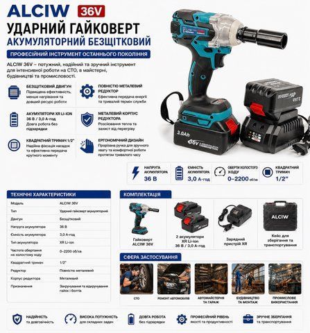 Гайковерт акумуляторний ударний безщатний AL-FA ALCIW 36V кейс/0-2200 об/хв ALCIW 36V фото