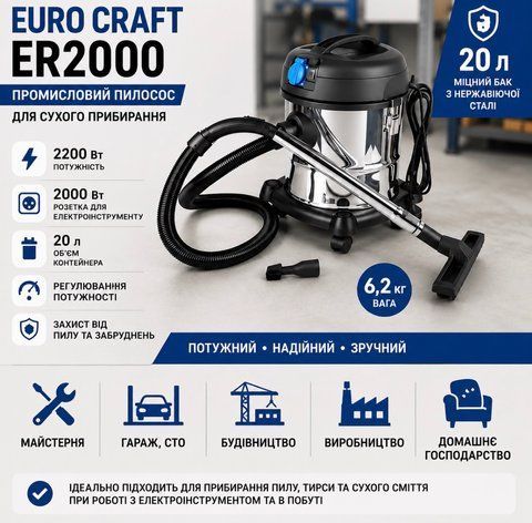 Пилосос промисловий, будівельний Euro Craft ER2000: 2000 Вт  20 л. ER2000 фото